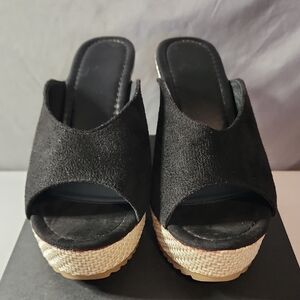 Chic NWOT Black Suede Mules with Woven Platform